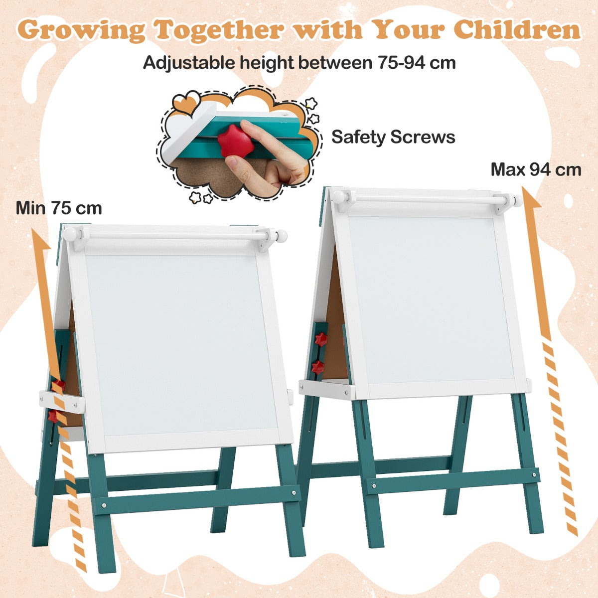 Livsk costway kinderen dubbelzijdige ezel met stoel in hoogte verstelbare staande ezel met krijtbord en whiteboard groen wit 2