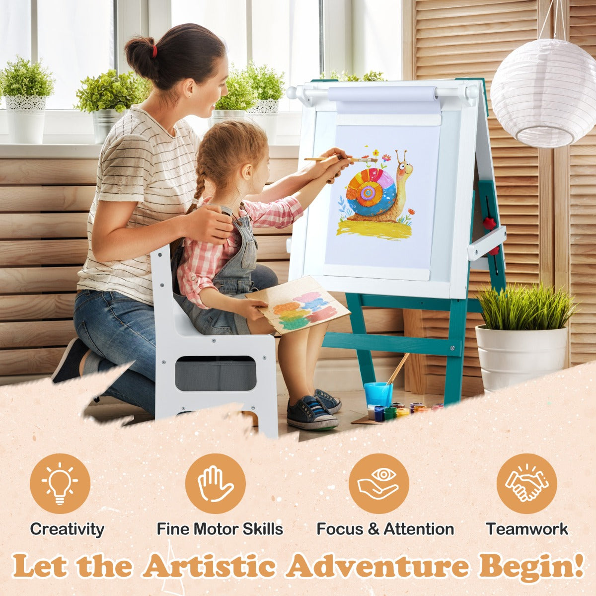 Livsk costway kinderen dubbelzijdige ezel met stoel in hoogte verstelbare staande ezel met krijtbord en whiteboard groen wit 3