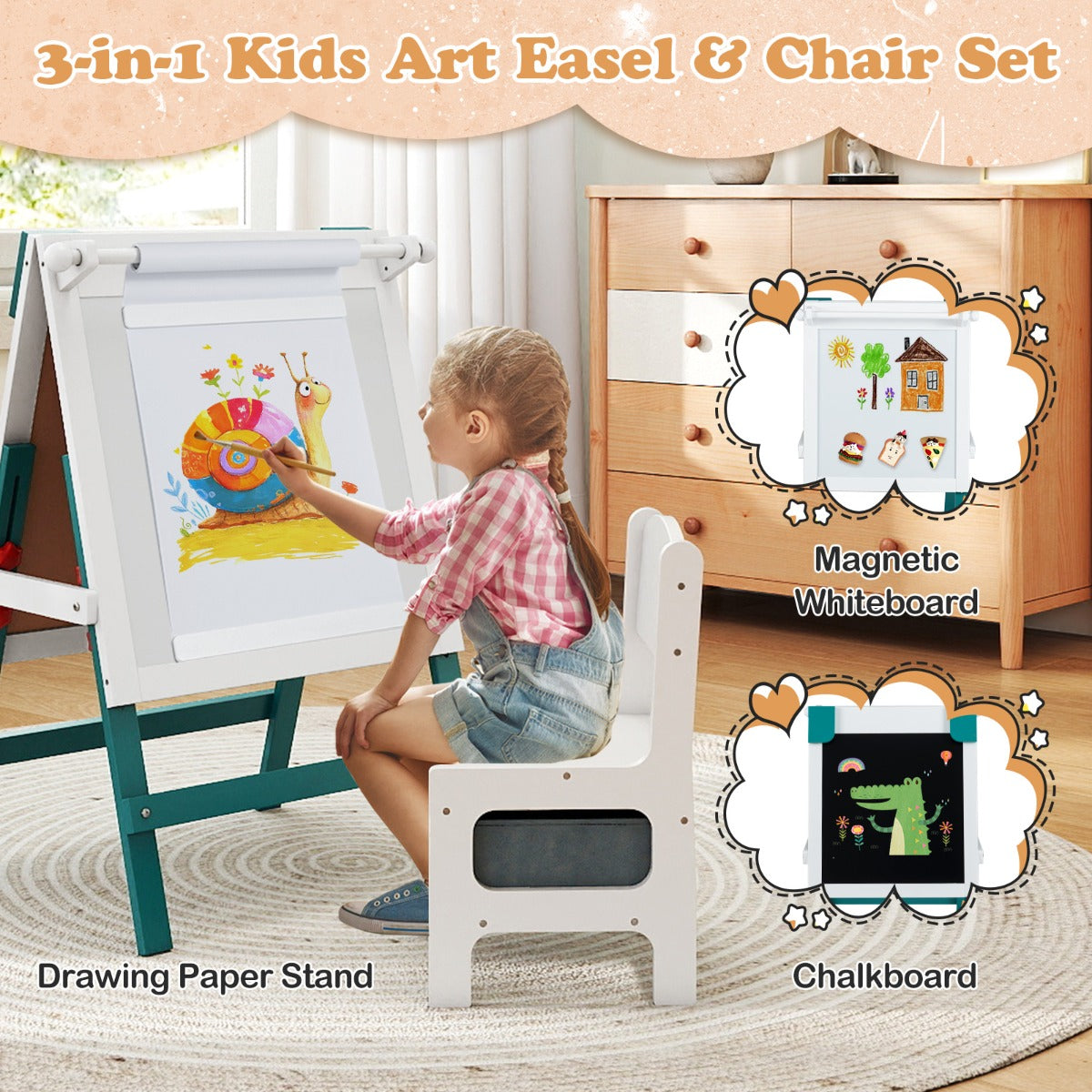 Livsk costway kinderen dubbelzijdige ezel met stoel in hoogte verstelbare staande ezel met krijtbord en whiteboard groen wit 4