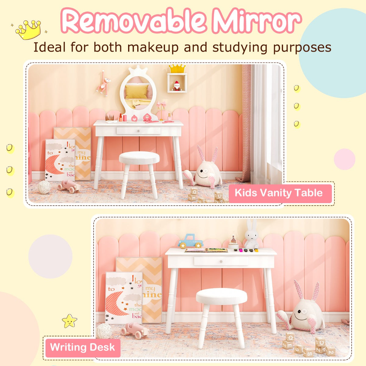 LIVSK Prinses Kaptafel Set - Veilig en Duurzaam - Grote Lade - Comfortabele Kruk met Kussen - Geschikt voor Meisjes - Wit