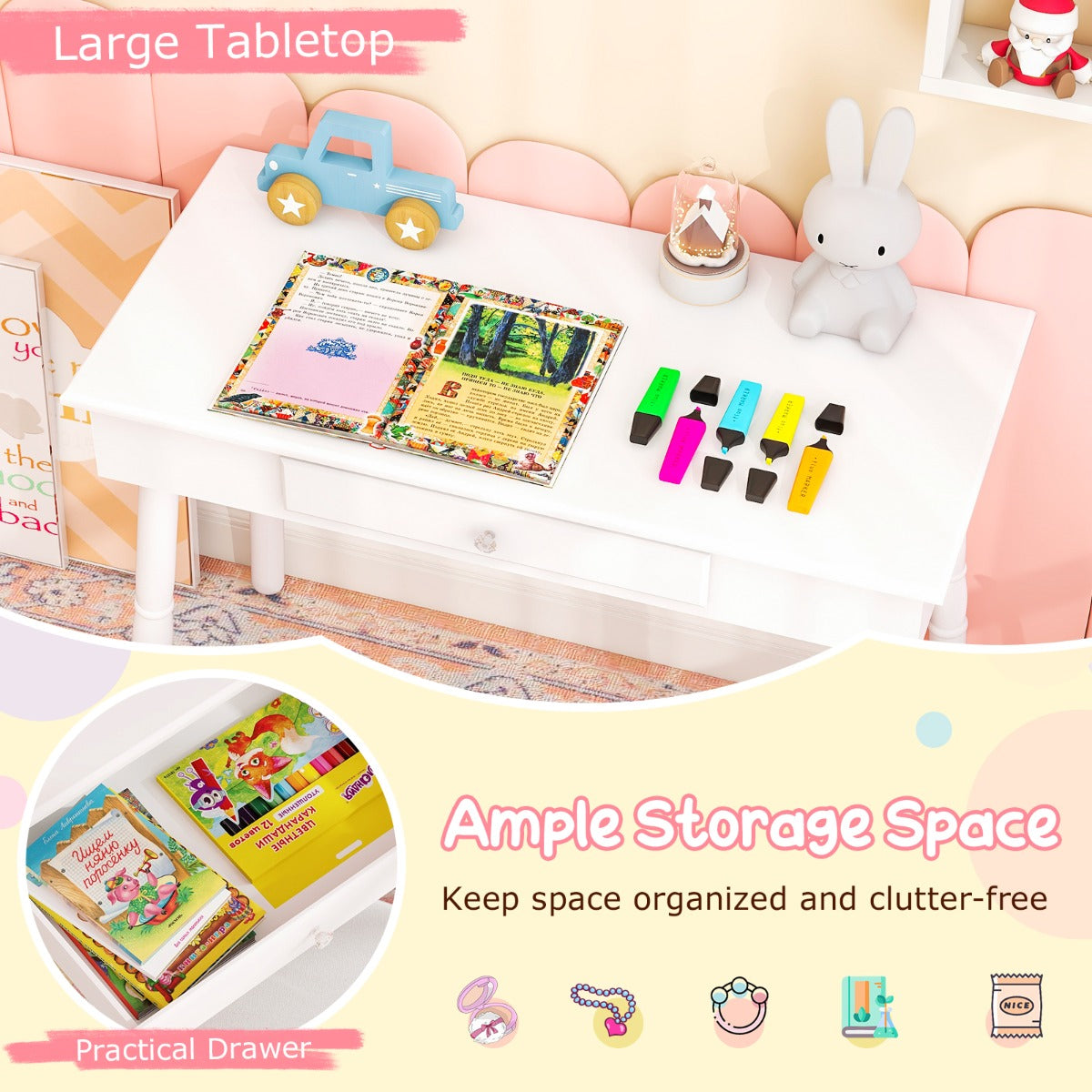 LIVSK Prinses Kaptafel Set - Veilig en Duurzaam - Grote Lade - Comfortabele Kruk met Kussen - Geschikt voor Meisjes - Wit