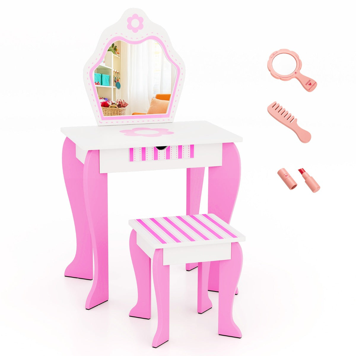 LIVSK Bloem Kaptafel Set - Schrijftafel met Grote Afneembare Spiegel - Ruime Opberglade - Makkelijk te Monteren - Roze & Wit