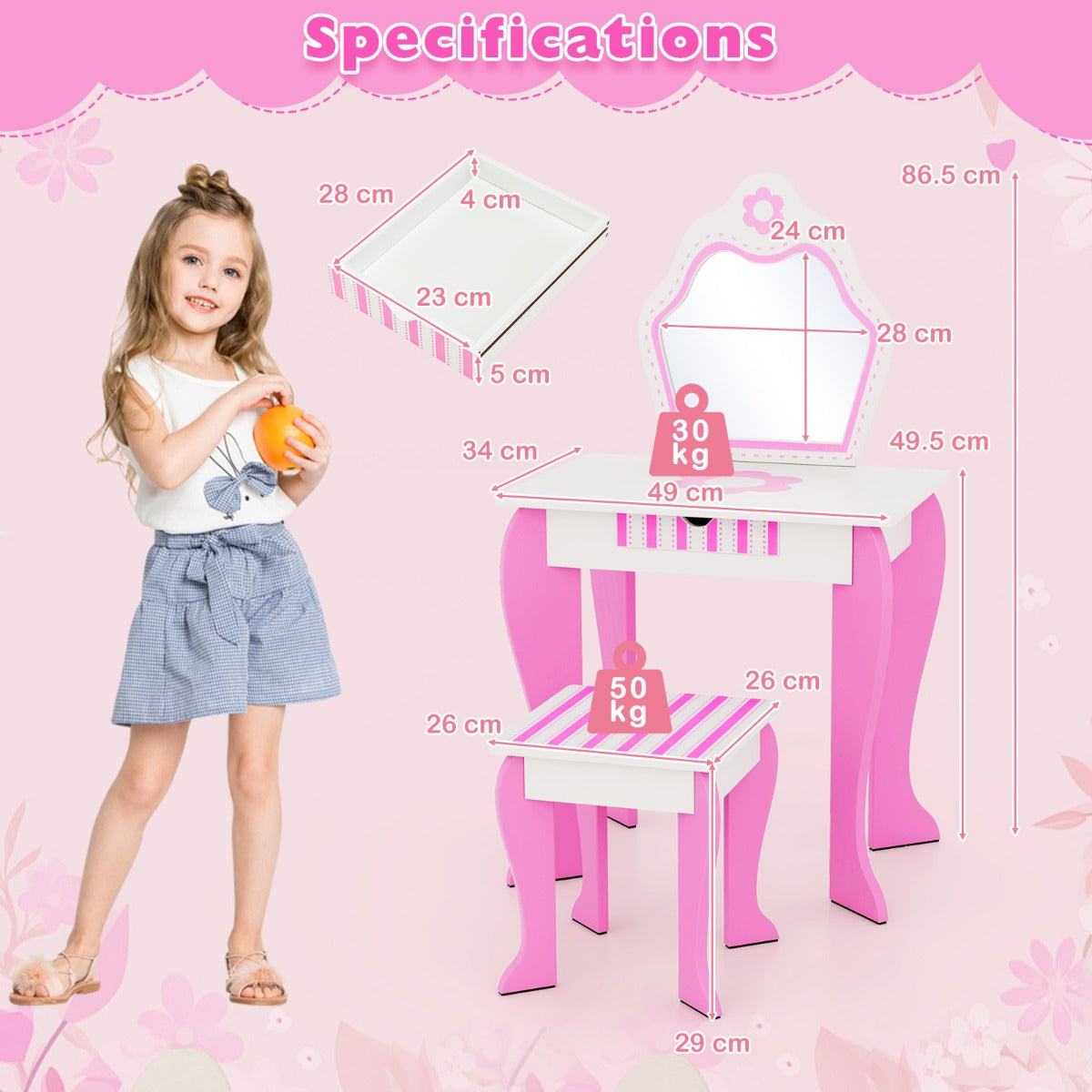 LIVSK Bloem Kaptafel Set - Schrijftafel met Grote Afneembare Spiegel - Ruime Opberglade - Makkelijk te Monteren - Roze & Wit