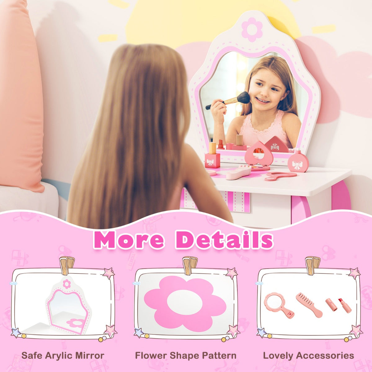 LIVSK Bloem Kaptafel Set - Schrijftafel met Grote Afneembare Spiegel - Ruime Opberglade - Makkelijk te Monteren - Roze & Wit