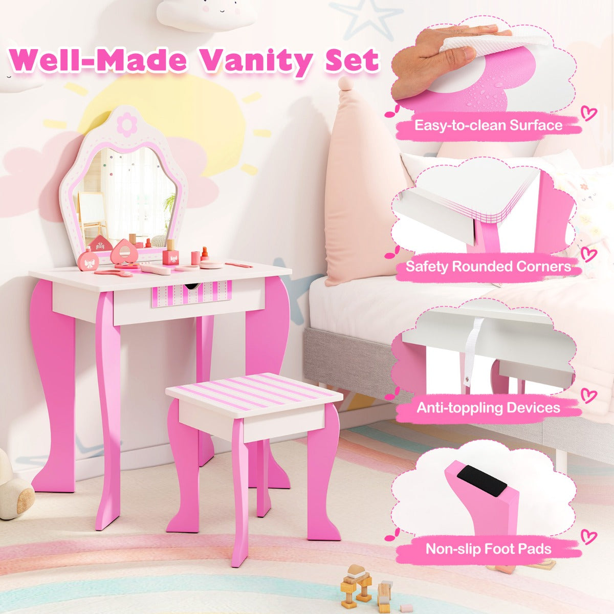 LIVSK Bloem Kaptafel Set - Schrijftafel met Grote Afneembare Spiegel - Ruime Opberglade - Makkelijk te Monteren - Roze & Wit
