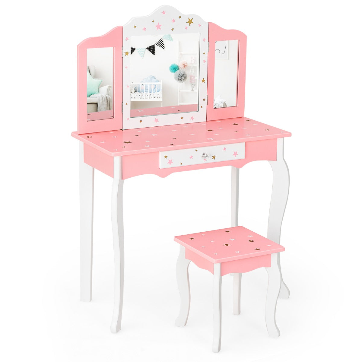 Livsk costway kinderen kaptafel kruk set drievoudige spiegel make up tafel schitteren ster afdrukken kinder kaptafel schrijftafel 1 1
