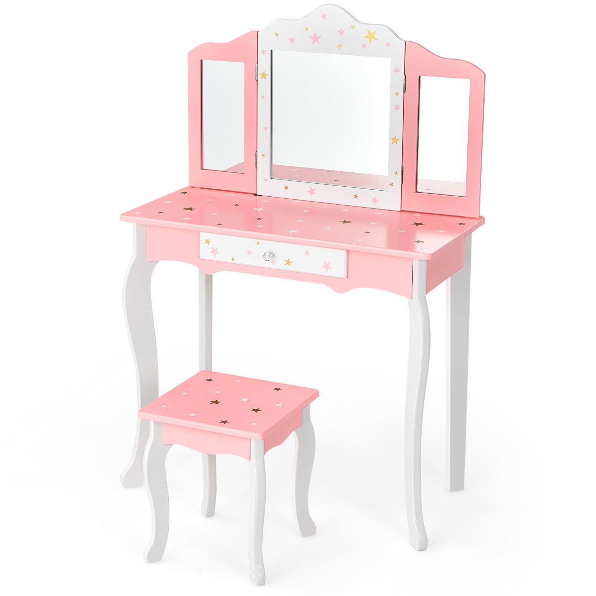 Livsk costway kinderen kaptafel kruk set drievoudige spiegel make up tafel schitteren ster afdrukken kinder kaptafel schrijftafel 2
