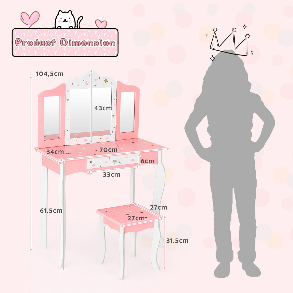 Livsk costway kinderen kaptafel kruk set drievoudige spiegel make up tafel schitteren ster afdrukken kinder kaptafel schrijftafel 4