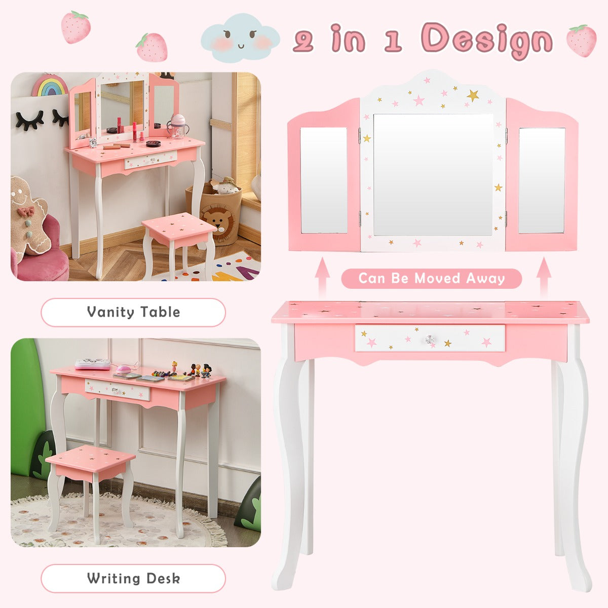 Livsk costway kinderen kaptafel kruk set drievoudige spiegel make up tafel schitteren ster afdrukken kinder kaptafel schrijftafel 6