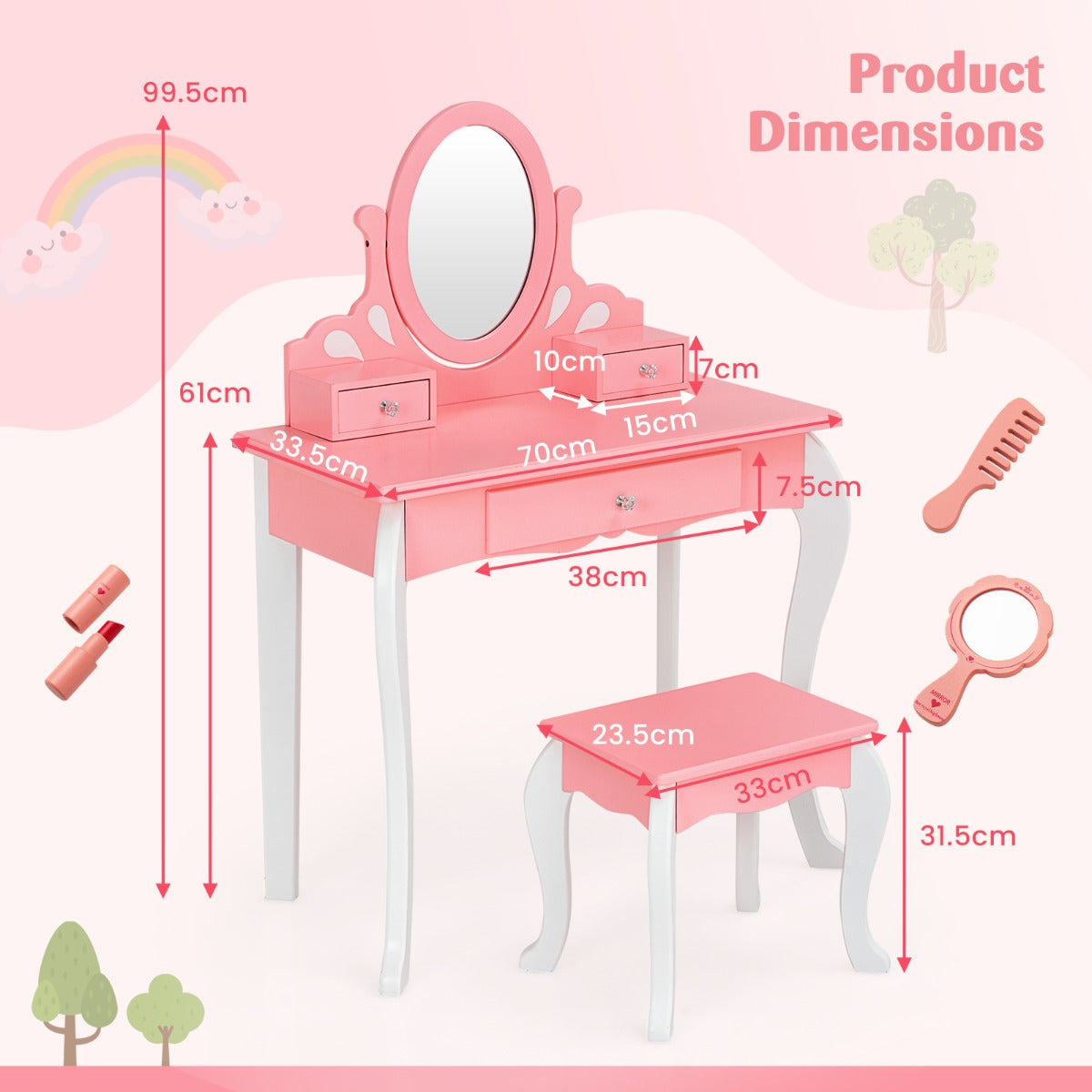 LIVSK Kinderkaptafel met Draaibare Spiegel - 3 Lades - Afneembaar Bovenstuk - Veilig Ontwerp - Roze + Wit