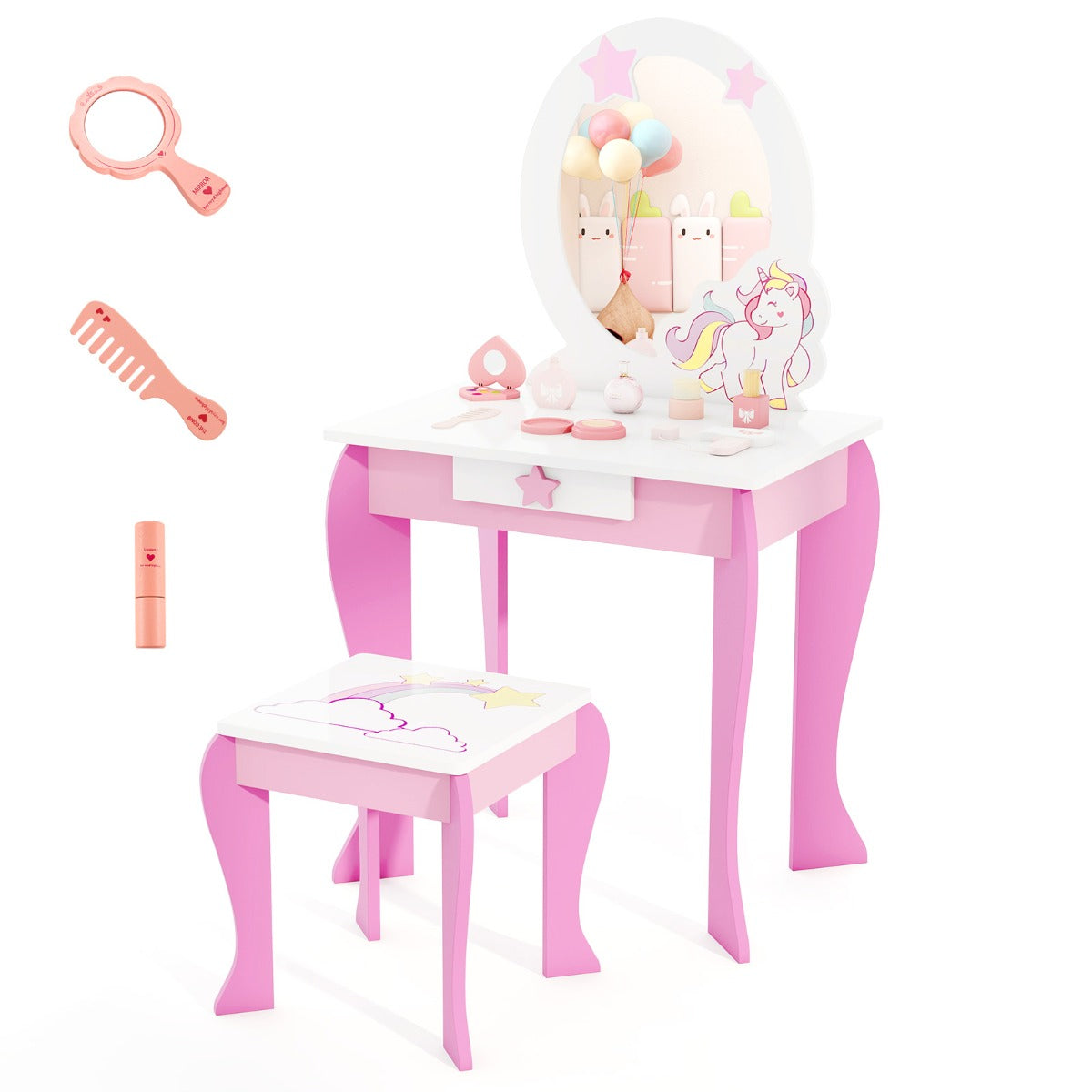 LIVSK Kinderkaptafel met Krukje - Verwijderbare Bovenkant - Praktische Lade - Veilig Ontwerp - Wit en Roze