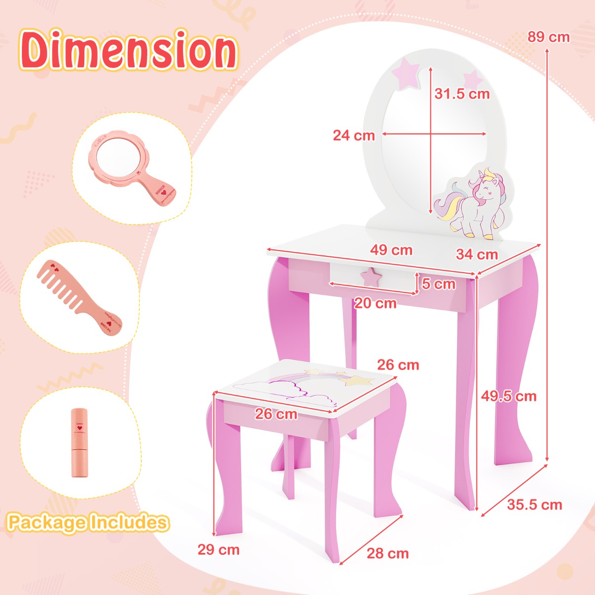 LIVSK Kinderkaptafel met Krukje - Verwijderbare Bovenkant - Praktische Lade - Veilig Ontwerp - Wit en Roze
