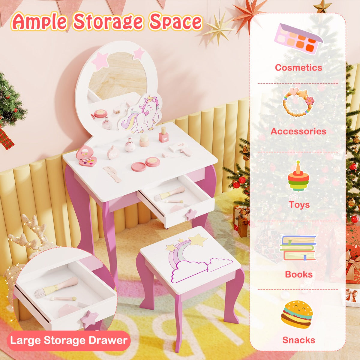 LIVSK Kinderkaptafel met Krukje - Verwijderbare Bovenkant - Praktische Lade - Veilig Ontwerp - Wit en Roze
