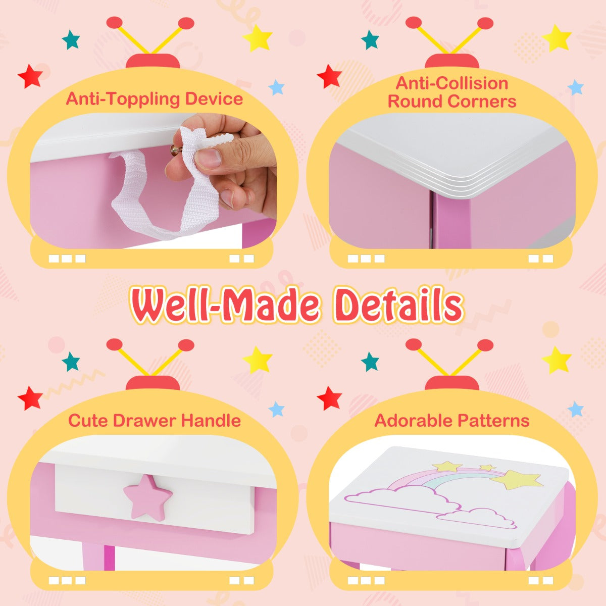 LIVSK Kinderkaptafel met Krukje - Verwijderbare Bovenkant - Praktische Lade - Veilig Ontwerp - Wit en Roze