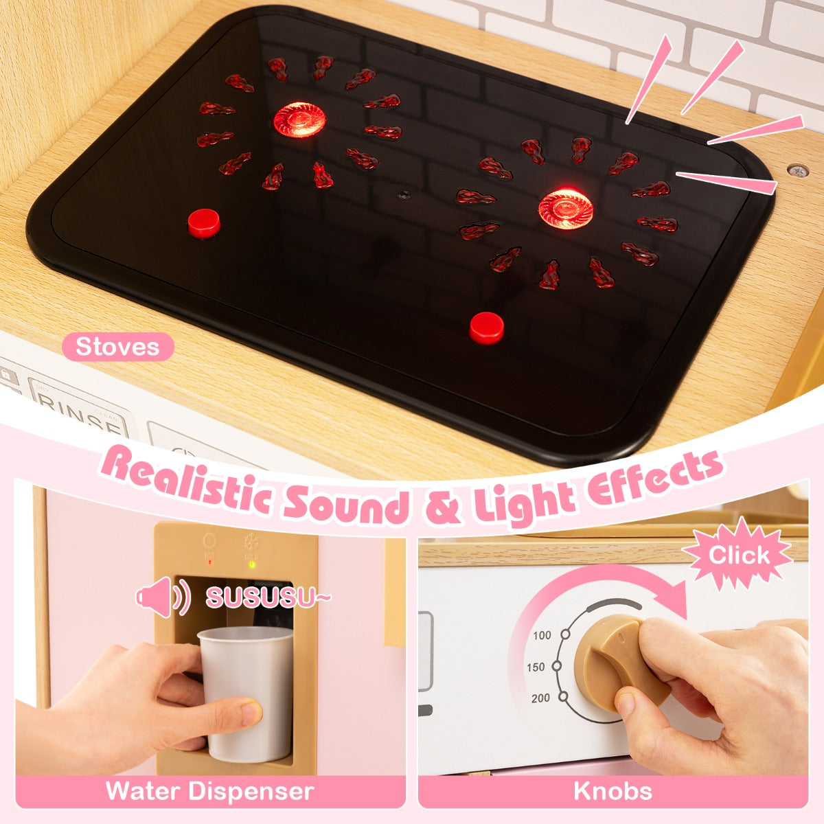 LIVSK Houten Speelkeuken Set - Met Koelkast, Magnetron en Oven - Inclusief Kookaccessoires - Voor Kinderen vanaf 3 jaar - Roze