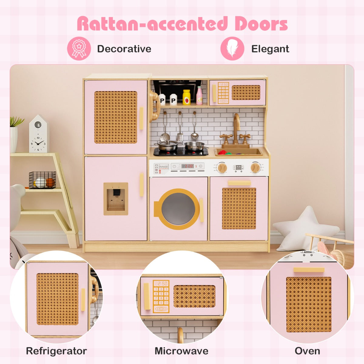 LIVSK Houten Speelkeuken Set - Met Koelkast, Magnetron en Oven - Inclusief Kookaccessoires - Voor Kinderen vanaf 3 jaar - Roze