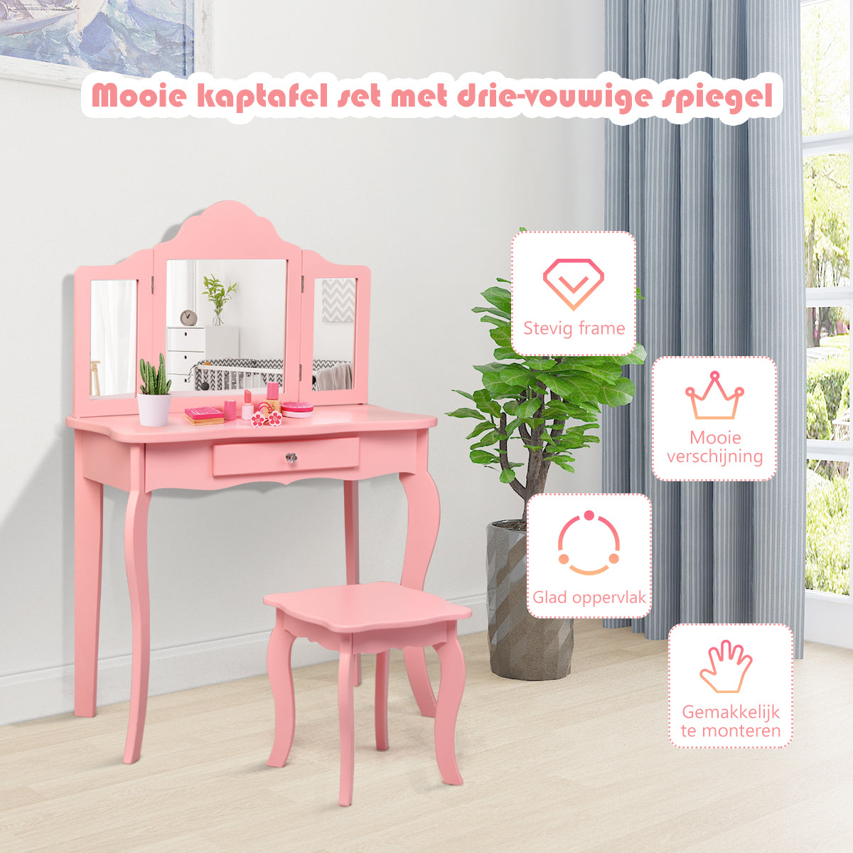 LIVSK Kinderen Kaptafel Set - Drievoudige Spiegel - Afneembare Aankleed- en Schrijftafel - Duurzaam - Roze