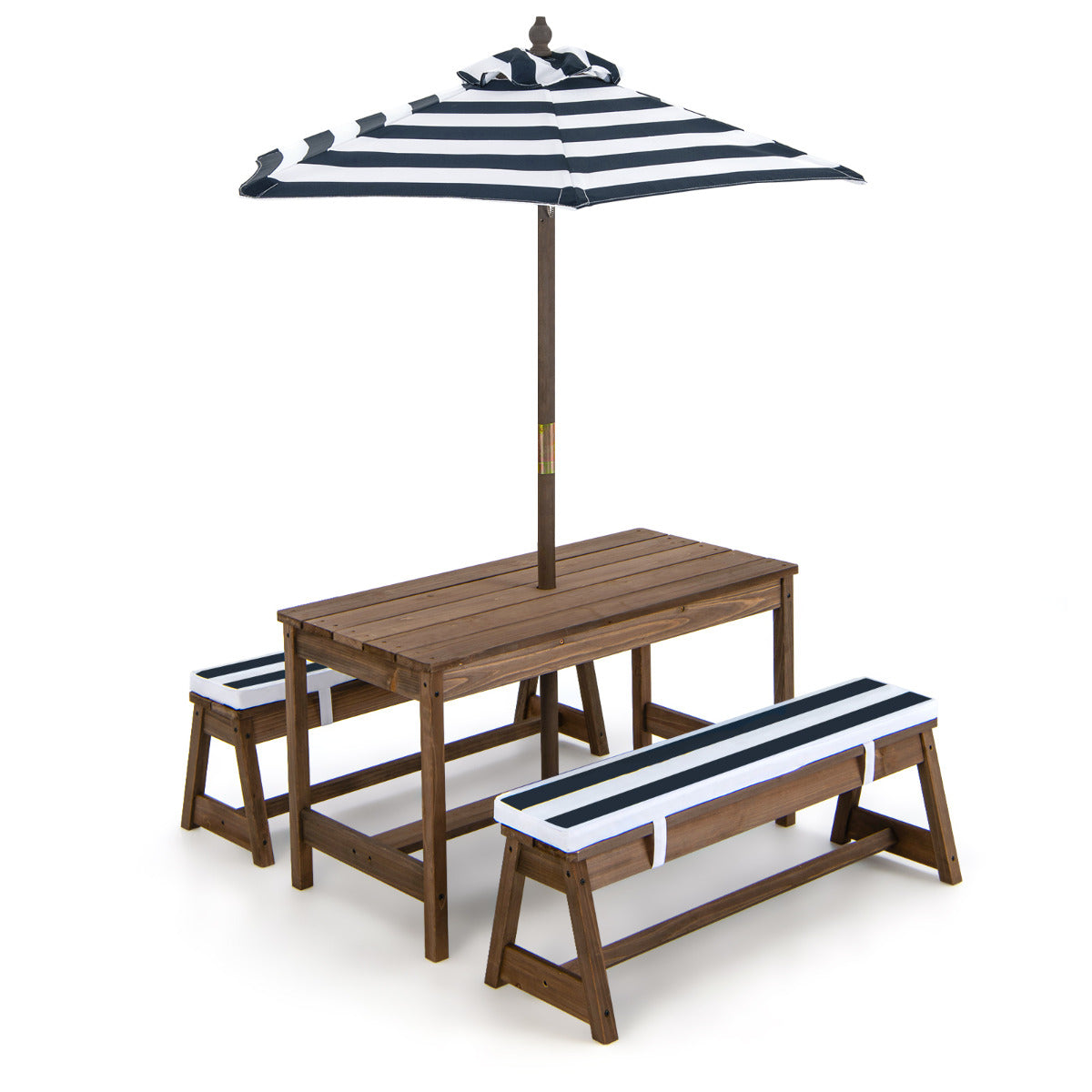 LIVSK Kinderpicknicktafelset - Houten Tafel met Paraplu en Kussens - Voor 4 Kinderen - Duurzaam en Comfortabel - Blauw