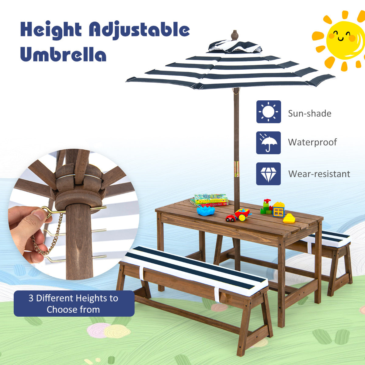 LIVSK Kinderpicknicktafelset - Houten Tafel met Paraplu en Kussens - Voor 4 Kinderen - Duurzaam en Comfortabel - Blauw