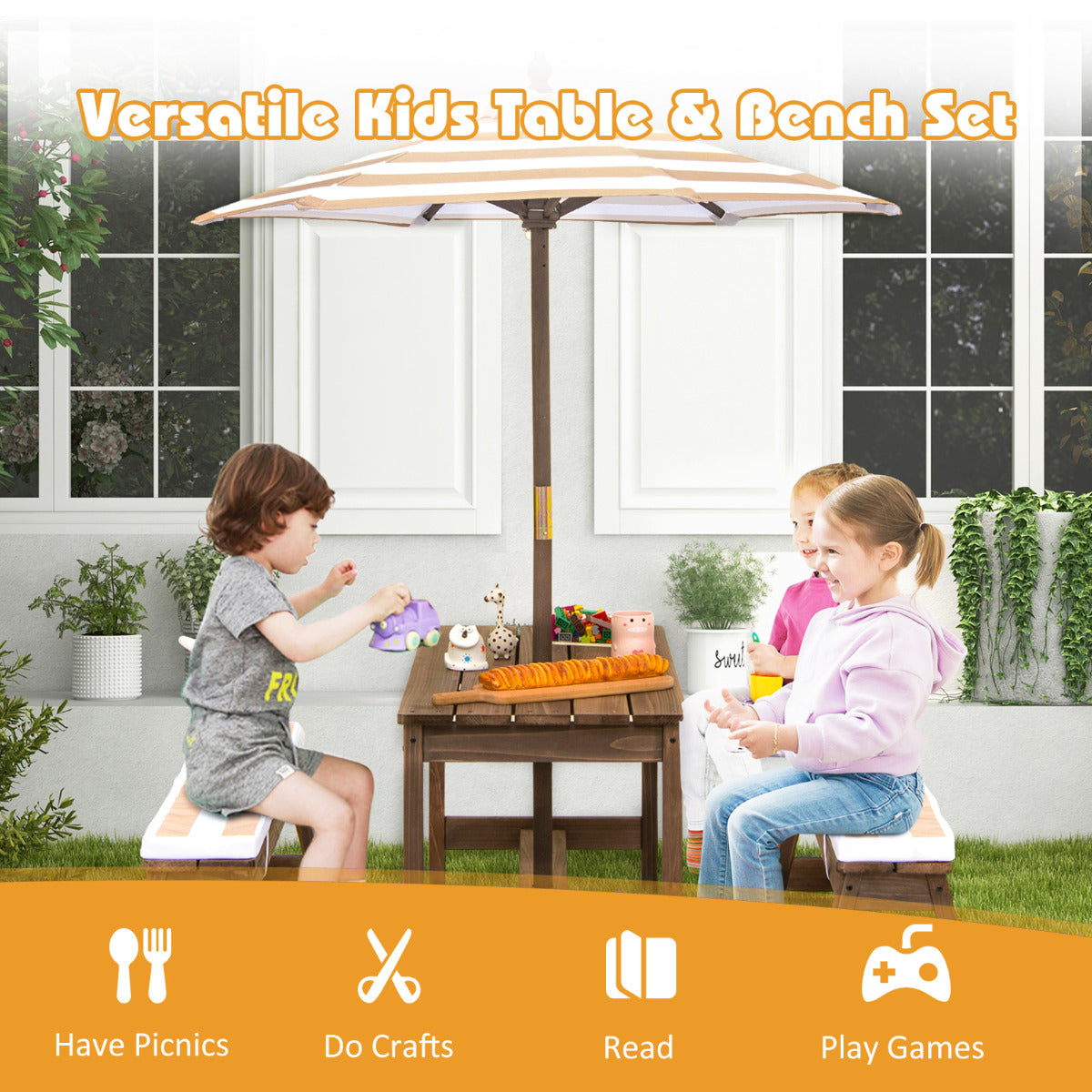 LIVSK Kinderpicknicktafel en Stoelenset - Verstelbare Paraplu - Duurzaam Dennenhout - Voor 4 Kinderen - Koffie