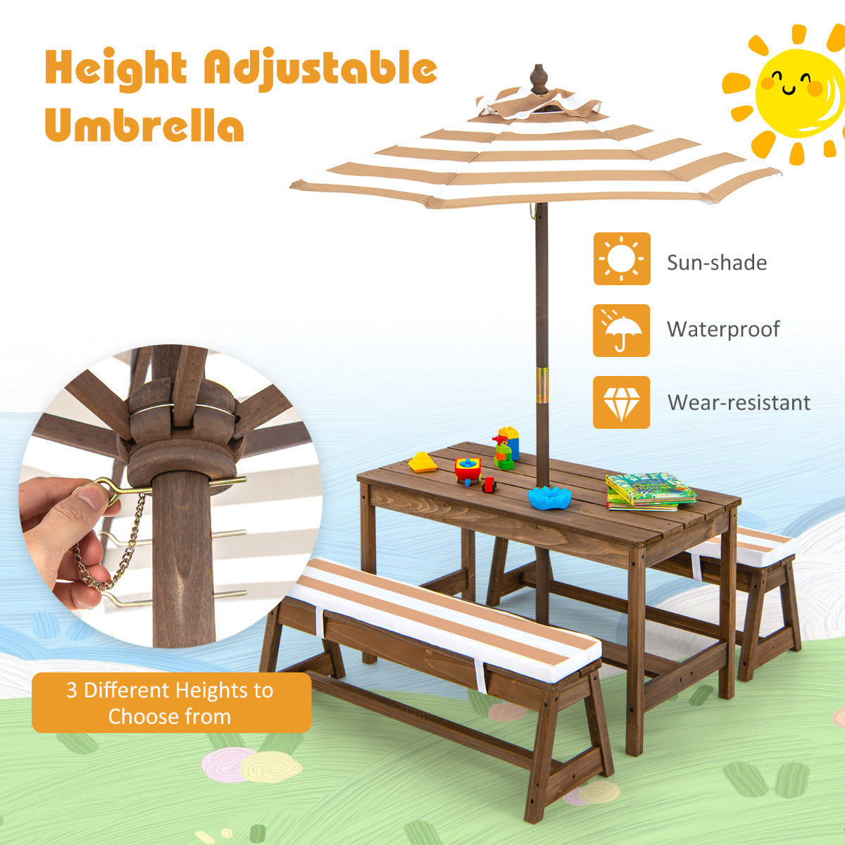 LIVSK Kinderpicknicktafel en Stoelenset - Verstelbare Paraplu - Duurzaam Dennenhout - Voor 4 Kinderen - Koffie