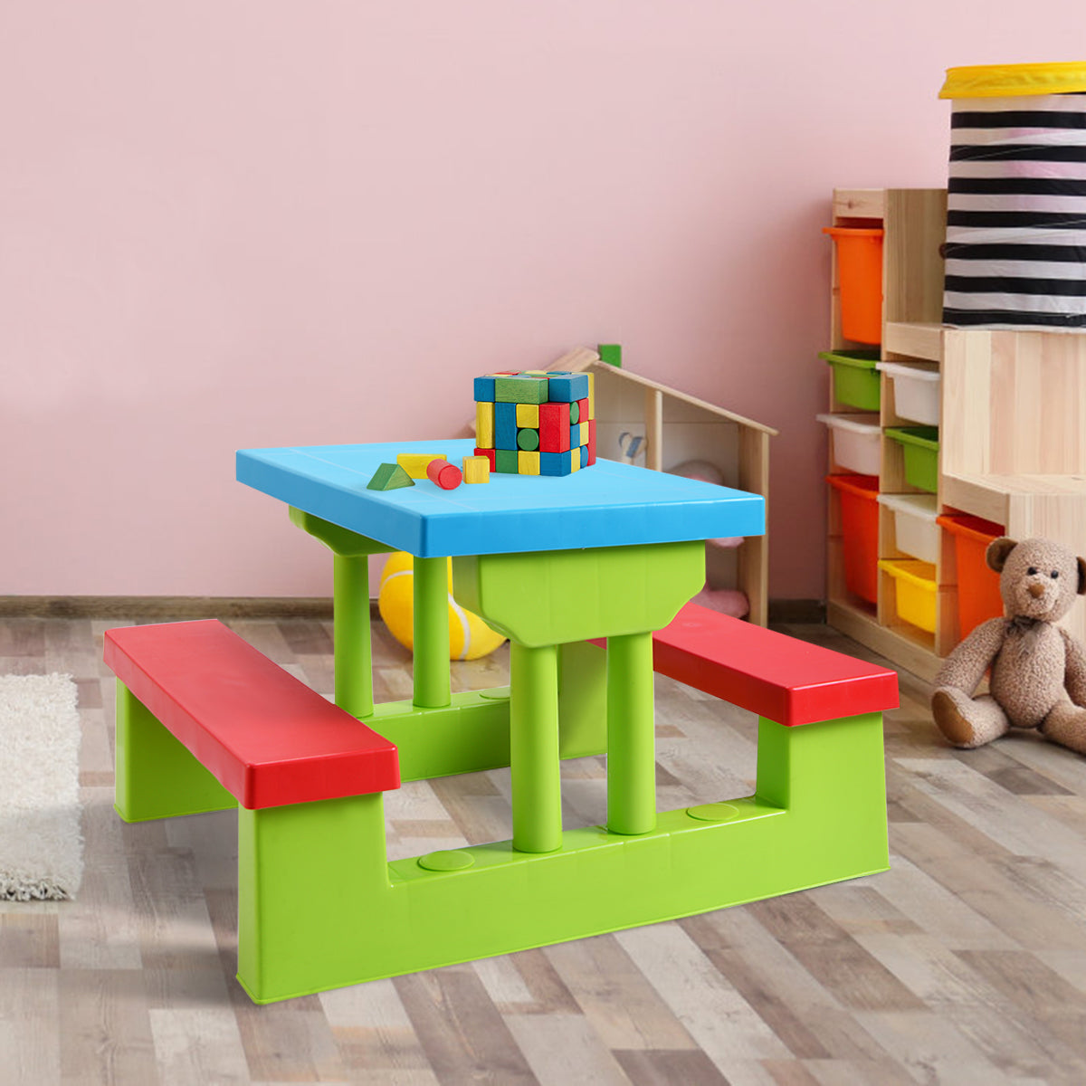 Livsk costway kinderen picknicktafel set met parasol 170t nylon afneembare opvouwbare paraplu multifunctionele kinderen spelen tafel