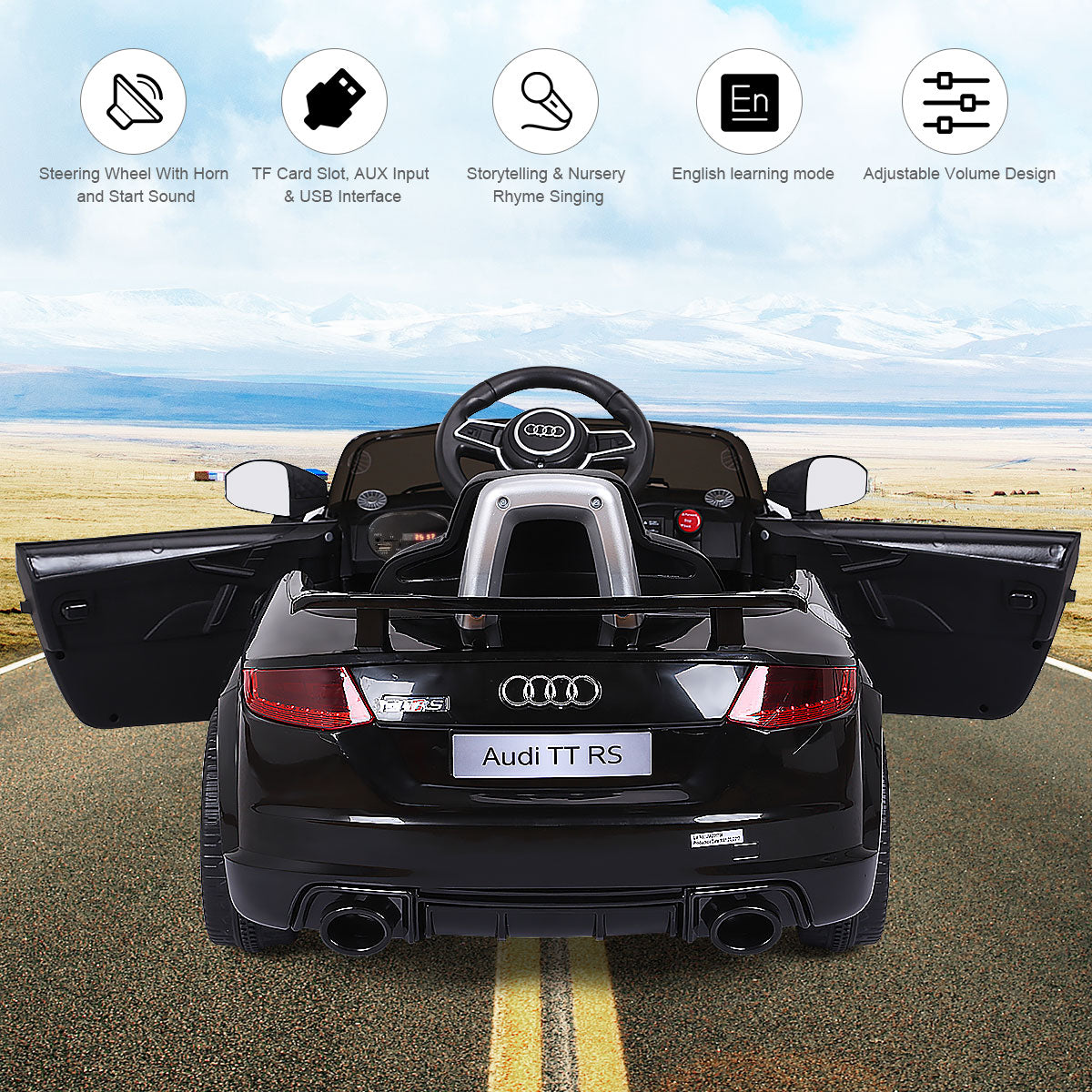 Livsk costway kinderen rijden op auto audi ttrs 12v batterij aangedreven rijden op auto met 2 motoren mp3 muziek hoge lage snelheden zwart