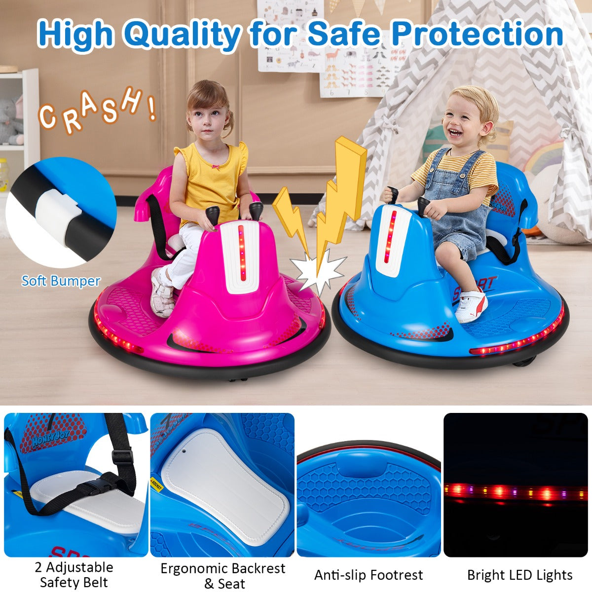 LIVSK Elektrische Botsauto voor Kinderen - Dubbele Joysticks - LED Verlichting - 360° Draaien - Veiligheidsgordel - Blauw