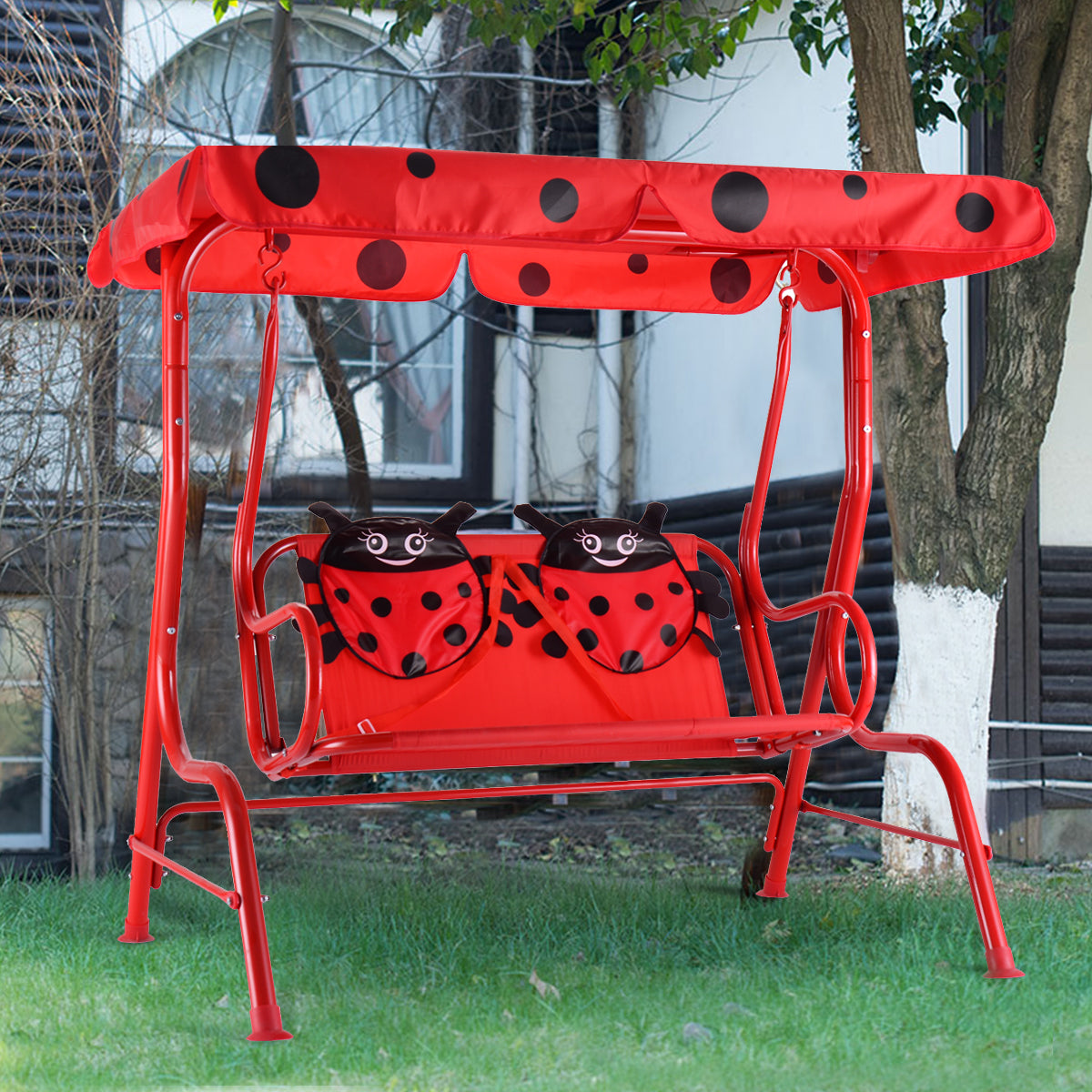 LIVSK Kinderpatio Schommel - Veiligheidsgordel - Afneembare Luifel - Antislipvoetjes - Tot 80 kg - 117 x 78 x 116 cm - Rood