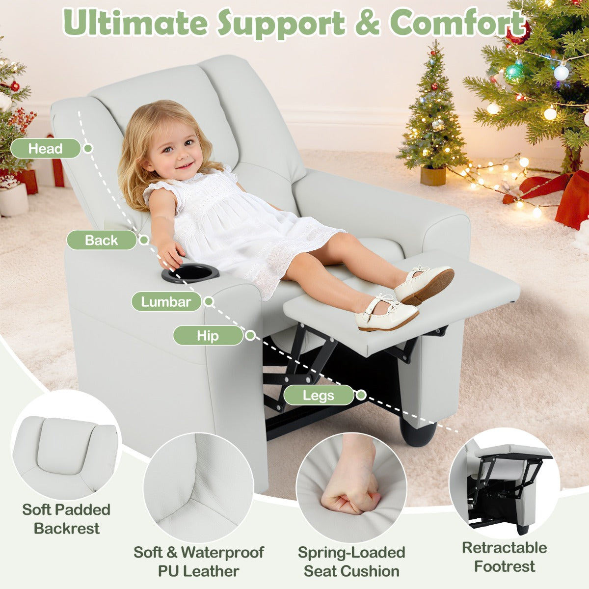 Livsk costway kinderfauteuil met relaxfunctie stoffen kinderbank met verstelbare rugleuning en voetsteun kinderbank met bekerhouder beige