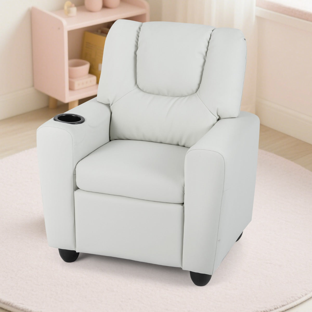 Livsk costway kinderfauteuil met relaxfunctie stoffen kinderbank met verstelbare rugleuning en voetsteun kinderbank met bekerhouder beige