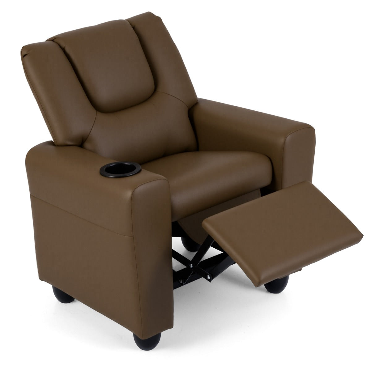 Livsk costway kinderfauteuil met relaxfunctie stoffen kinderbank met verstelbare rugleuning en voetsteun kinderbank met bekerhouder bruin