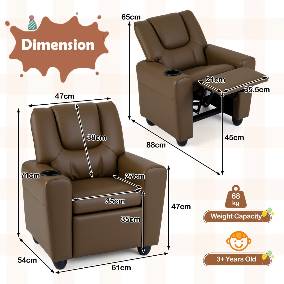 Livsk costway kinderfauteuil met relaxfunctie stoffen kinderbank met verstelbare rugleuning en voetsteun kinderbank met bekerhouder bruin