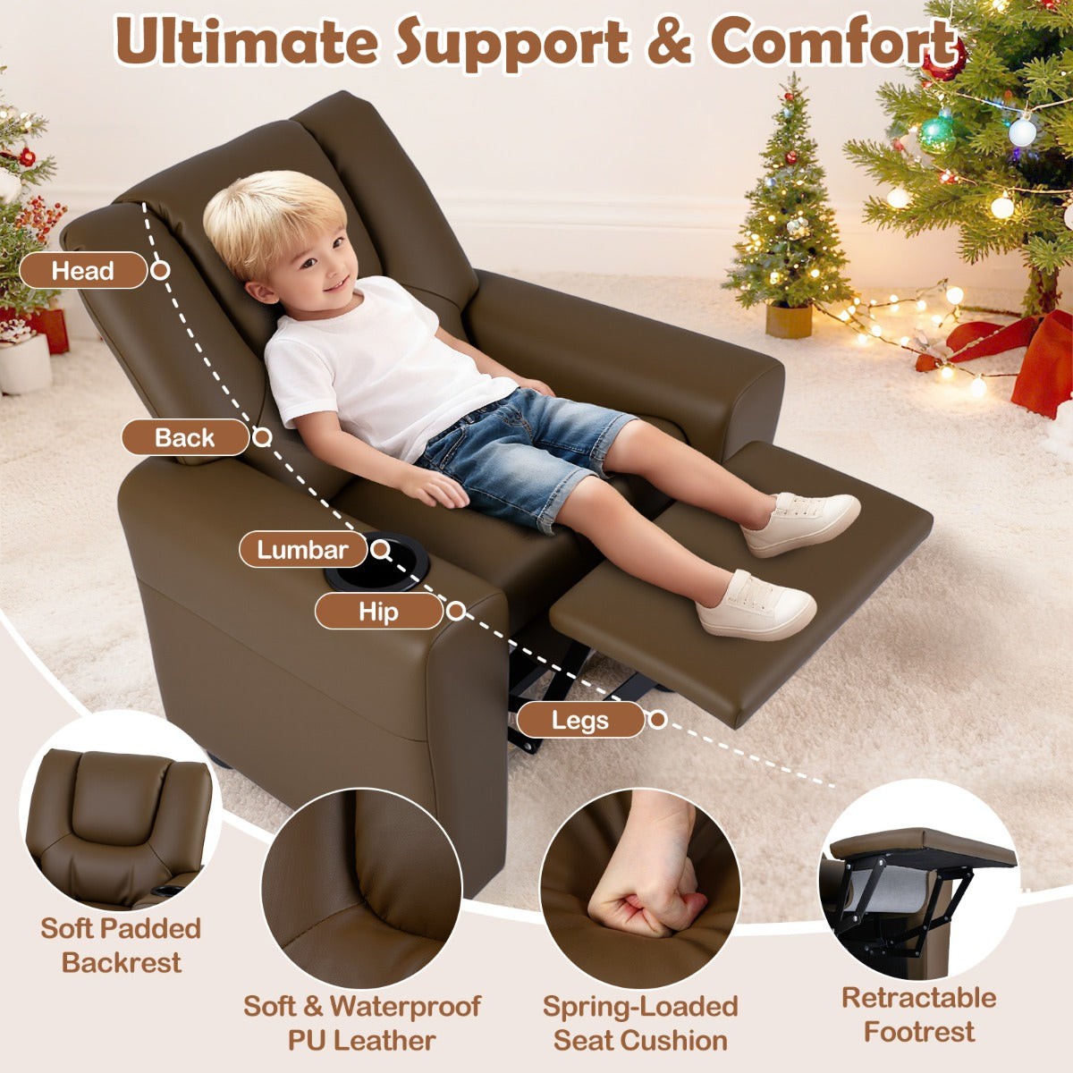 Livsk costway kinderfauteuil met relaxfunctie stoffen kinderbank met verstelbare rugleuning en voetsteun kinderbank met bekerhouder bruin