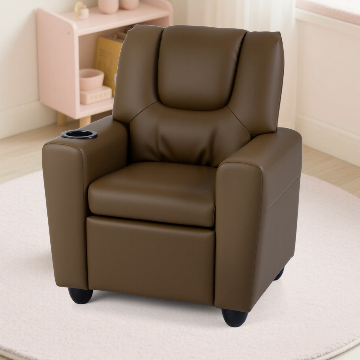 Livsk costway kinderfauteuil met relaxfunctie stoffen kinderbank met verstelbare rugleuning en voetsteun kinderbank met bekerhouder bruin