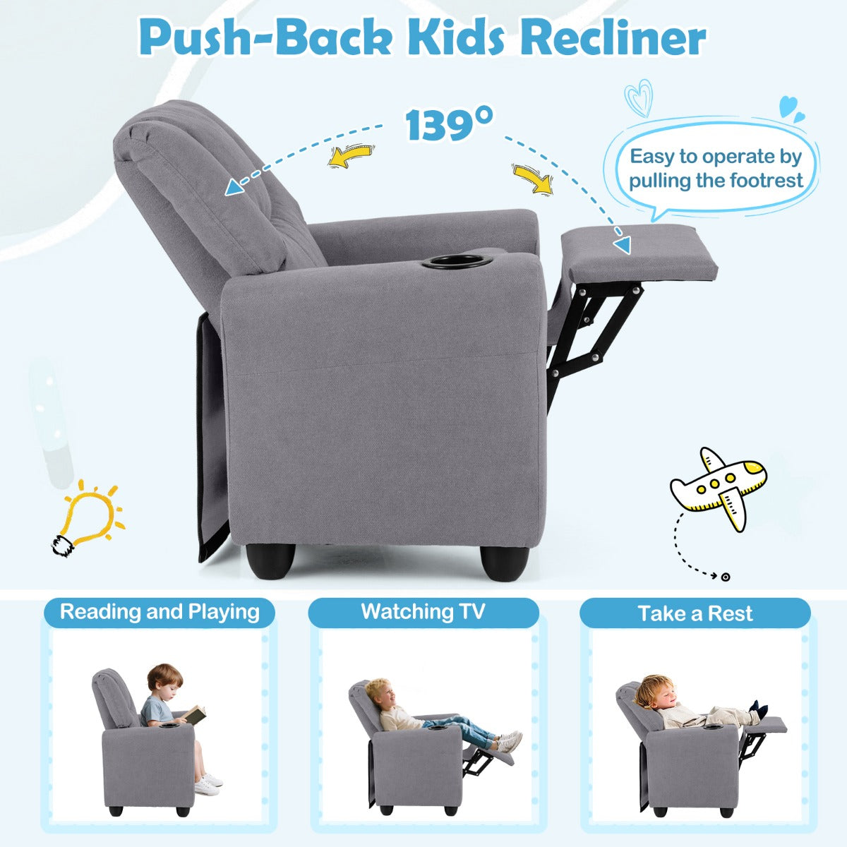 Livsk costway kinderfauteuil met relaxfunctie stoffen kinderbank met verstelbare rugleuning en voetsteun kinderbank met bekerhouder grijs