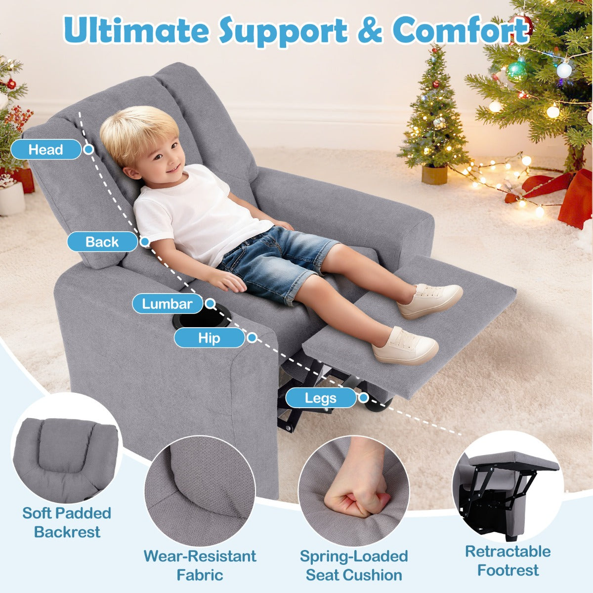 Livsk costway kinderfauteuil met relaxfunctie stoffen kinderbank met verstelbare rugleuning en voetsteun kinderbank met bekerhouder grijs