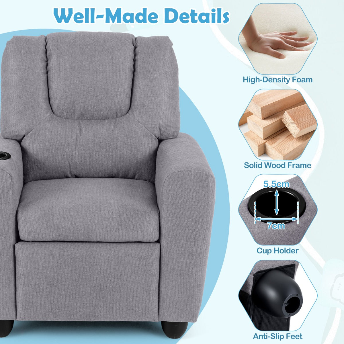 Livsk costway kinderfauteuil met relaxfunctie stoffen kinderbank met verstelbare rugleuning en voetsteun kinderbank met bekerhouder grijs