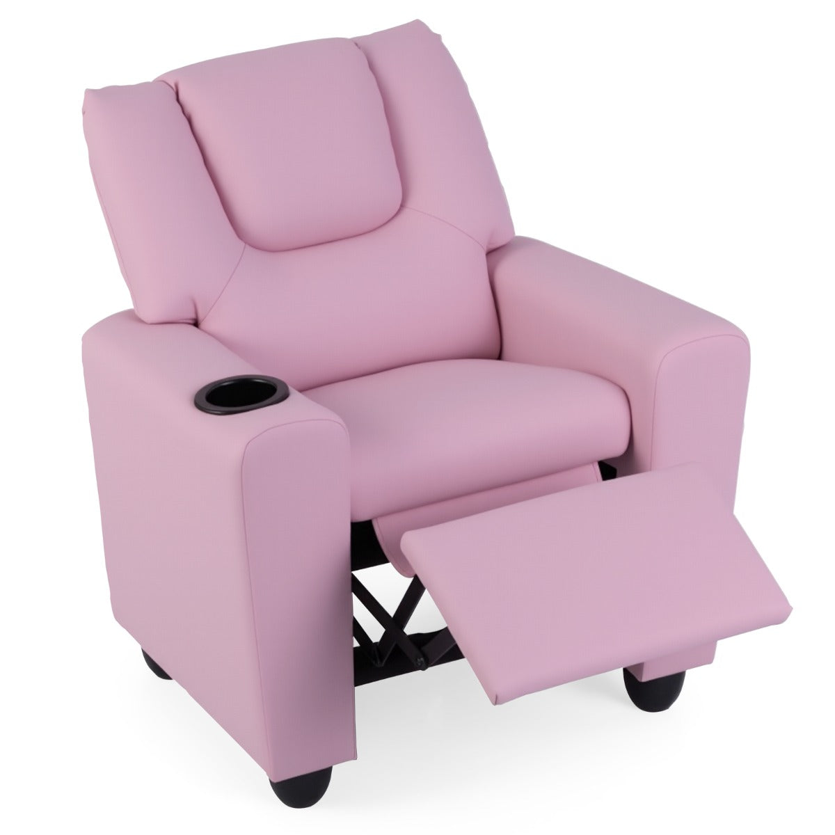 Livsk costway kinderfauteuil met relaxfunctie stoffen kinderbank met verstelbare rugleuning en voetsteun kinderbank met bekerhouder roze