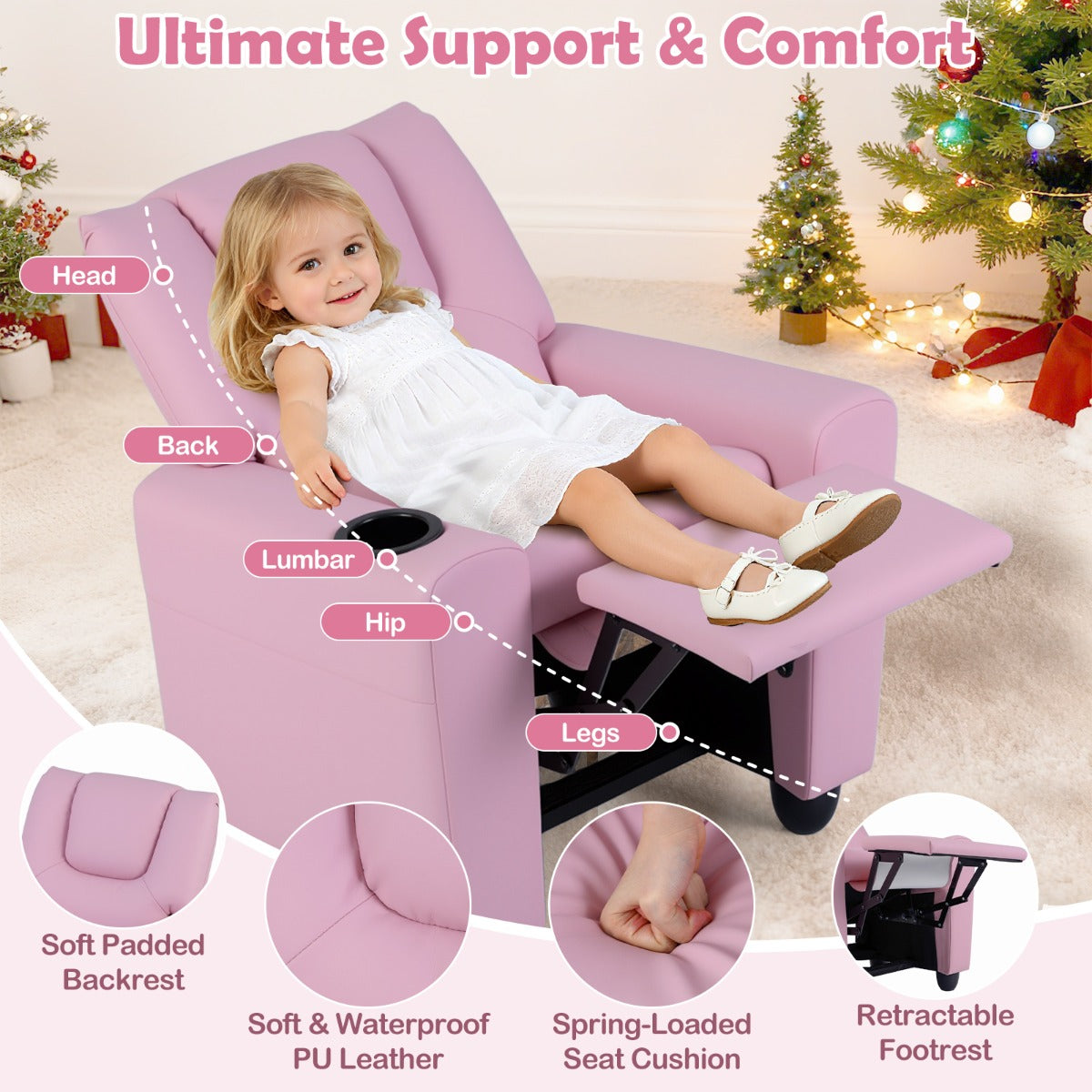 Livsk costway kinderfauteuil met relaxfunctie stoffen kinderbank met verstelbare rugleuning en voetsteun kinderbank met bekerhouder roze