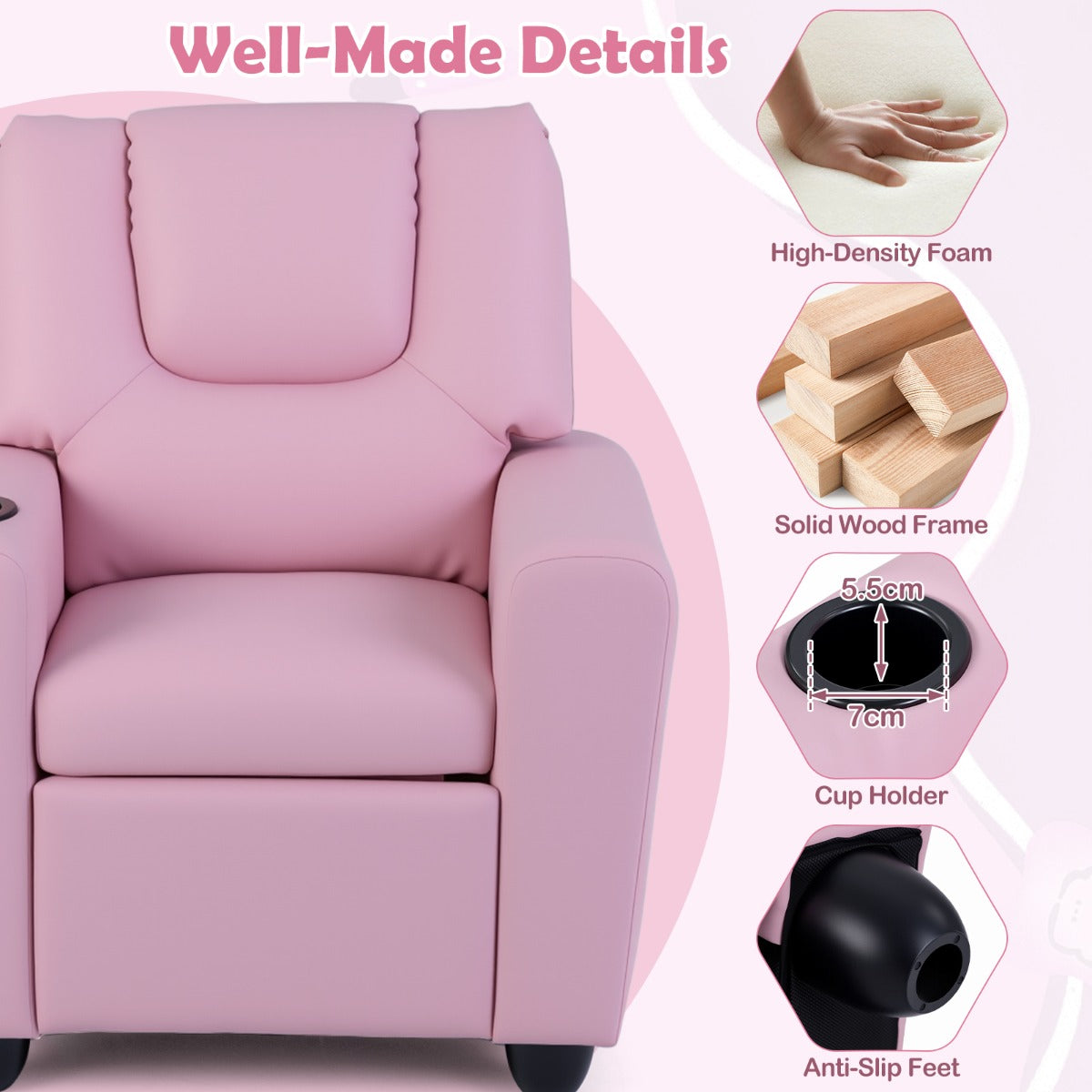 Livsk costway kinderfauteuil met relaxfunctie stoffen kinderbank met verstelbare rugleuning en voetsteun kinderbank met bekerhouder roze