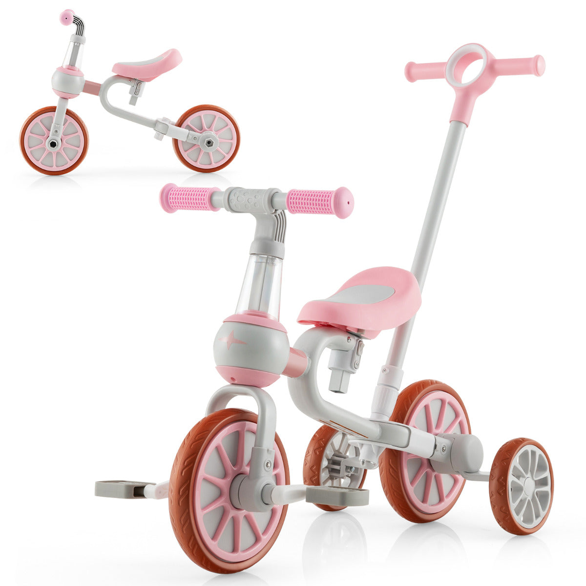 LIVSK 4-in-1 Kinderfiets Driewieler - Verstelbare Duwbeugel - Glij-, Loop- en Trapfiets - Tot 30 kg - 37 x 72 x 101 cm - Roze