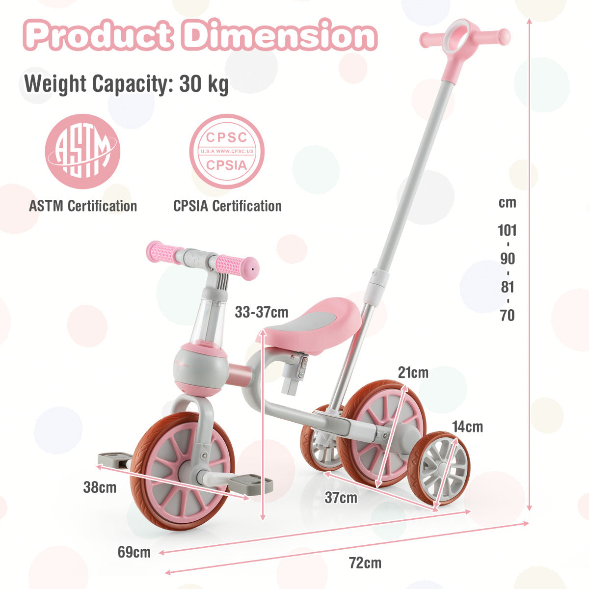 LIVSK 4-in-1 Kinderfiets Driewieler - Verstelbare Duwbeugel - Glij-, Loop- en Trapfiets - Tot 30 kg - 37 x 72 x 101 cm - Roze