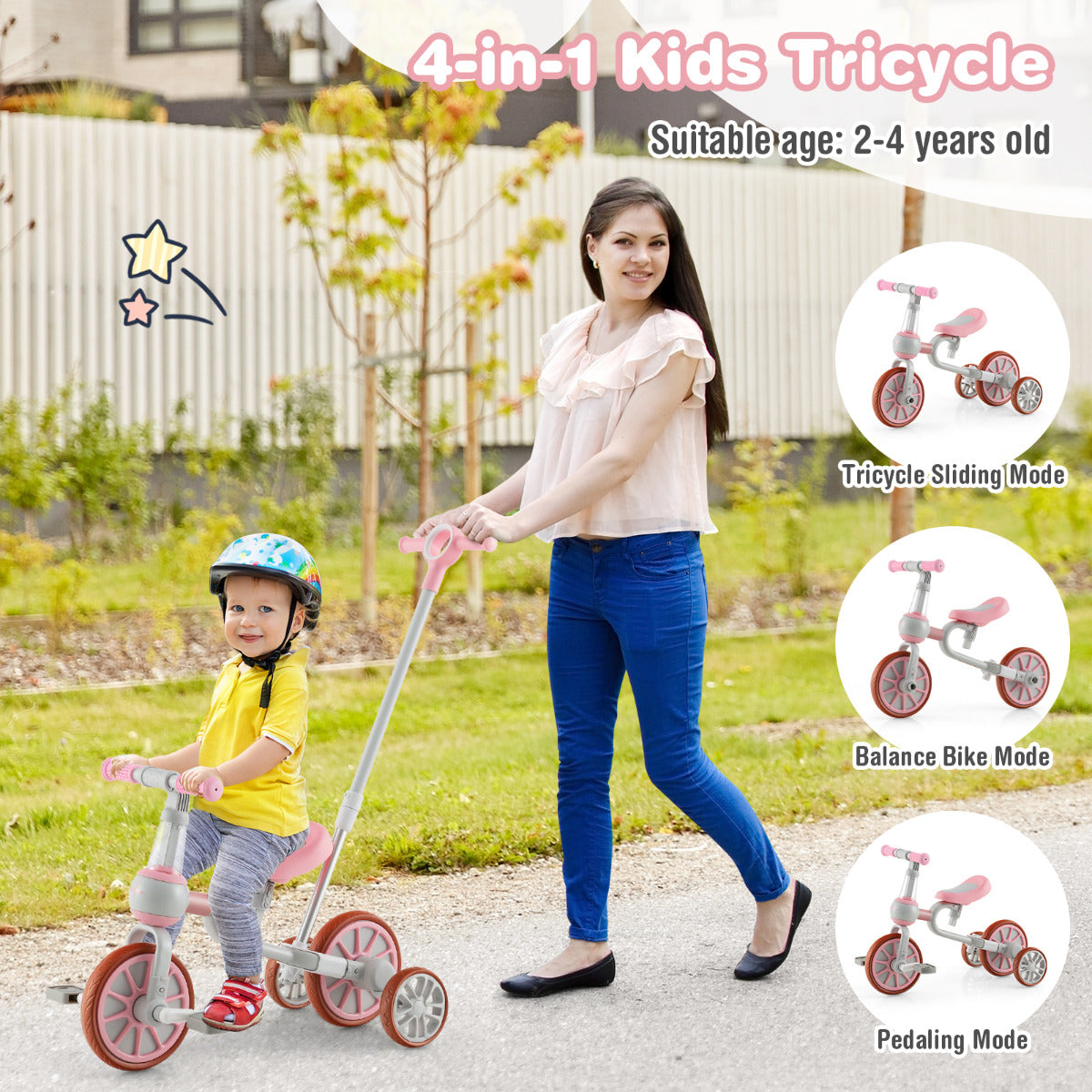 LIVSK 4-in-1 Kinderfiets Driewieler - Verstelbare Duwbeugel - Glij-, Loop- en Trapfiets - Tot 30 kg - 37 x 72 x 101 cm - Roze
