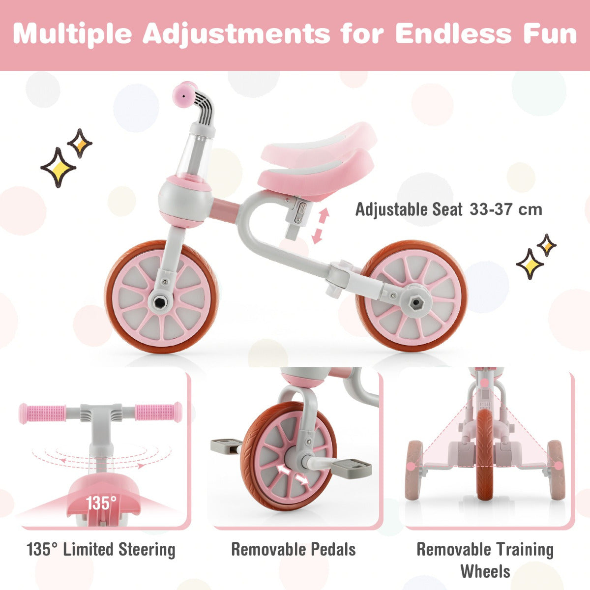LIVSK 4-in-1 Kinderfiets Driewieler - Verstelbare Duwbeugel - Glij-, Loop- en Trapfiets - Tot 30 kg - 37 x 72 x 101 cm - Roze