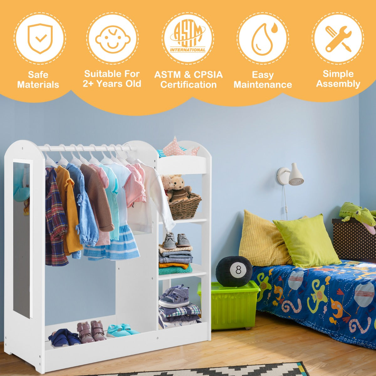 LIVSK Kinderkledinggarderobe met Spiegel - Massief Hout - Veel Opbergruimte - Veilig en Stevig - 93,5 x 38 x 100 cm - Wit