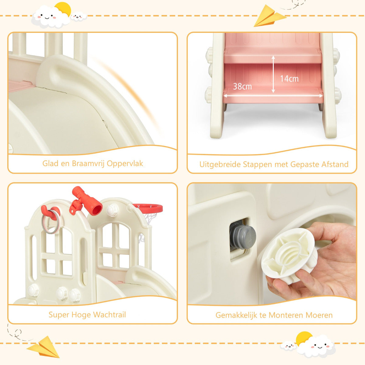 LIVSK 6-in-1 Glijbaanset met Basketbalring - HDPE Materiaal - Voor Kinderen 3-8 Jaar - Duurzaam en Veilig - Roze