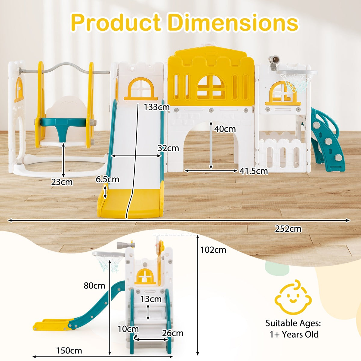 LIVSK 10-in-1 Peuterglijbaan en Schommelset - Veilig Klimrek - Opvouwbaar - HDPE - Voor Kinderen vanaf 1 jaar - Groen + Geel