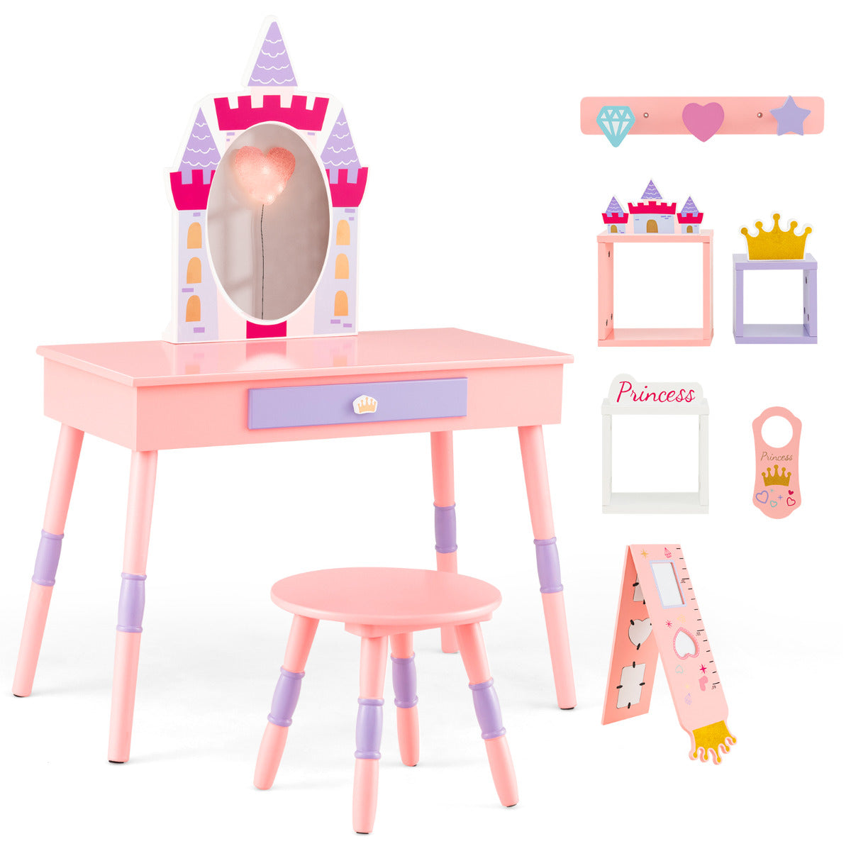 Livsk costway kinderkamerset modulaire kledingkast met 12 kubussen kaptafel met kasteelthema afneembare spiegel en diverse accessoires roze 1 1