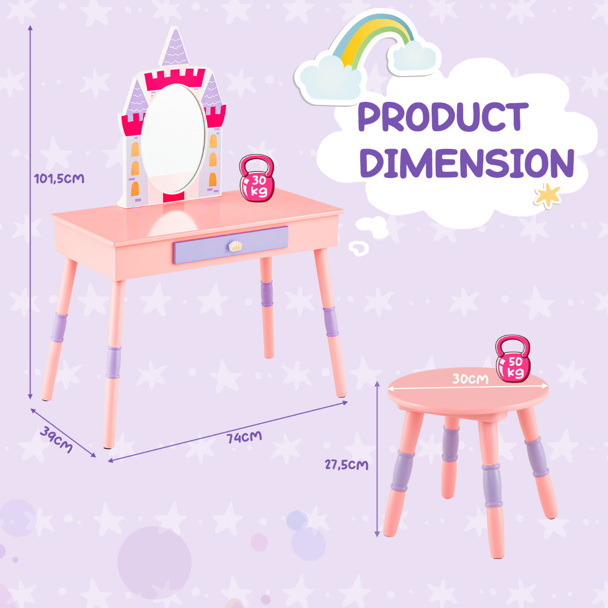 Livsk costway kinderkamerset modulaire kledingkast met 12 kubussen kaptafel met kasteelthema afneembare spiegel en diverse accessoires roze 4